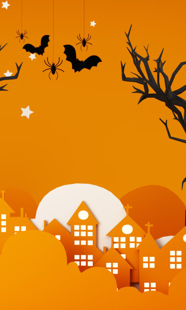 快乐的万圣节派对海报，以卡通插图的夜云和南瓜。满月和boo鬼与鬼屋的地方为文本。宣传册的背景。3d渲染卡通人物图片下载