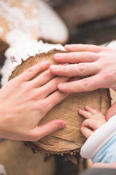 人们的手放在老树桩上的特写。家庭的概念。爸爸，妈妈和孩子在户外。图片下载