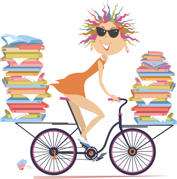 年轻女子骑自行车携带文件或书籍图片下载