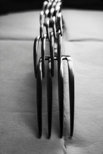 黑白照片，白色背景上的连接叉子的特写图片下载