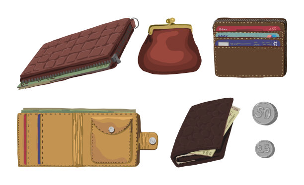 的钱包。平矢量插图的钱包，口袋持有人的钱和塑料卡。孤立在白色背景上的卡通剪贴画。图片下载