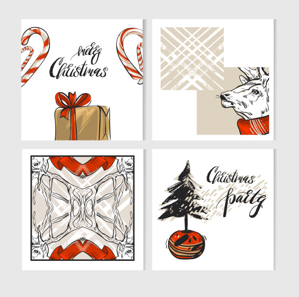 手绘矢量抽象圣诞贺卡模板集合鹿，礼盒，拐杖糖，圣诞树和现代书法孤立在白色。独特的日志卡图片下载