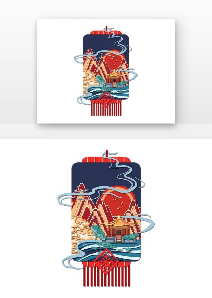 剪纸日群山灯笼元素图片下载