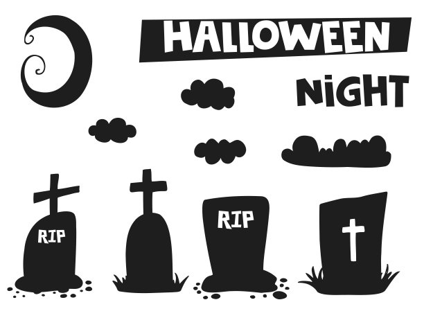 2022年万圣节——10月31日。一个传统节日。不给糖就捣蛋。矢量插图在手绘涂鸦风格。一组带有十字架、月亮和云的坟墓剪影。图片下载
