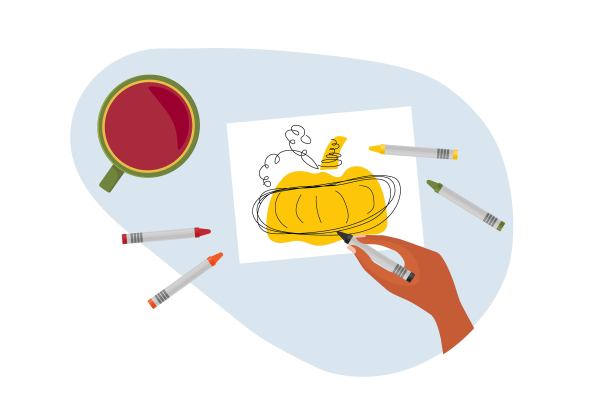 画南瓜草图的人。蔬菜上的照片。人的手拿着铅笔和绘画。有创意的人有茶杯的桌子。彩色平面矢量插图孤立在白色背景上图片下载