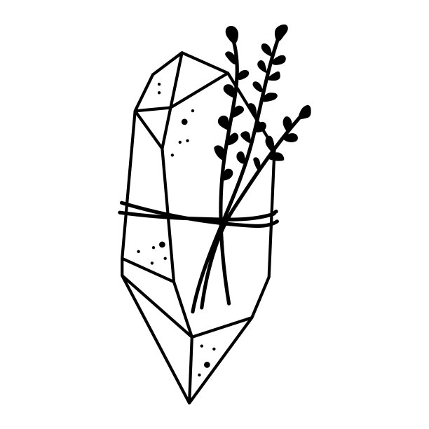 线神秘的水晶与绑细枝。压力宝石与植物花卉装饰。波希米亚式的线性向量图片下载