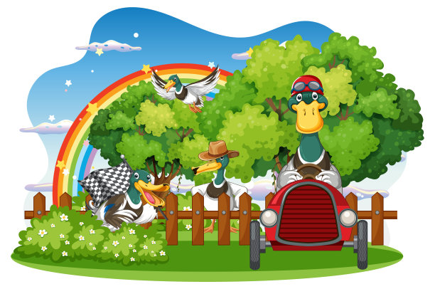 快乐的鸭子群在大自然的场景图片下载