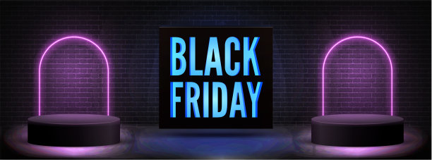 时尚的黑色星期五折扣提供宽霓虹矢量横幅模板的蓝色和粉红色图片下载