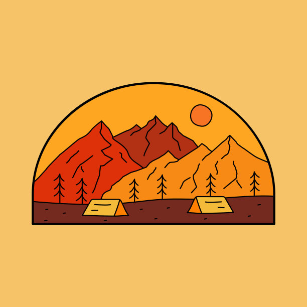 山和露营的自然冒险在夜间野生线徽章补丁别针图形插画矢量艺术t恤设计图片下载