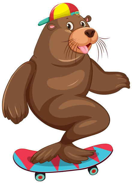 可爱的海狮在白色背景下玩滑板图片下载