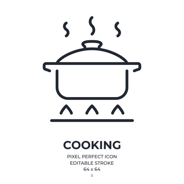 煮锅和煮沸可编辑笔画轮廓图标孤立在白色背景平坦矢量插图。像素完美。64 x 64。图片下载