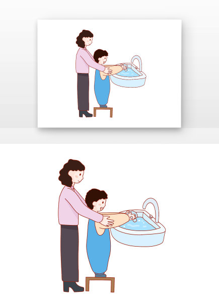 手绘家长帮助儿童洗手图片下载