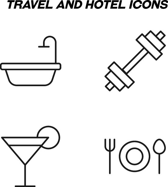 用黑色细线绘制的单色孤立符号。完美的商店，商店，广告。向量图标设置的标志浴缸，饺子，鸡尾酒，叉子，勺子，盘子图片下载