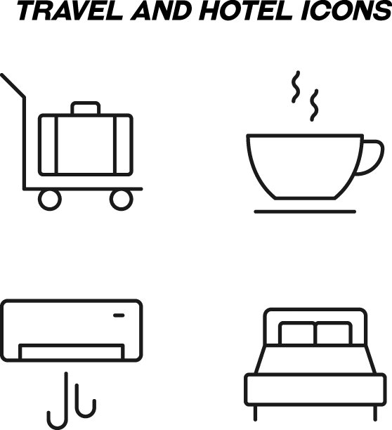 用黑色细线绘制的单色孤立符号。完美的商店，商店，广告。向量图标设置的标志，行李，床，空调图片下载