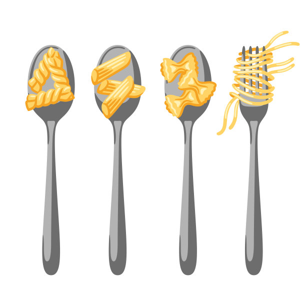 勺子和叉子上的意大利面插图。餐厅菜单的烹饪形象。图片下载
