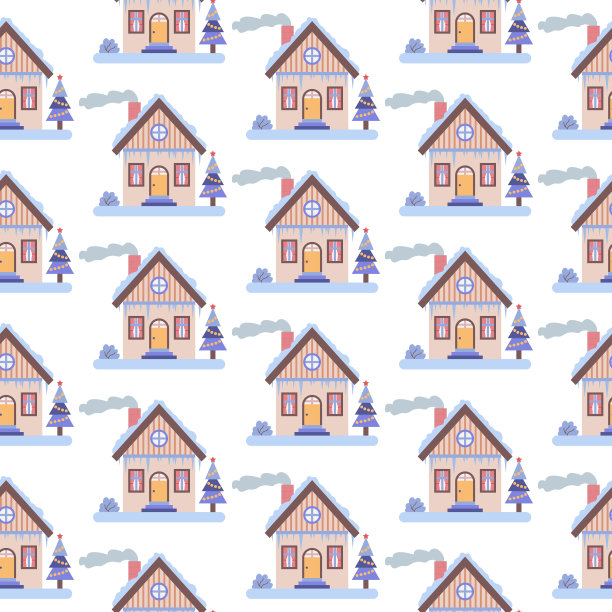 白色背景上冬季房屋和圣诞树的无缝模式图片下载