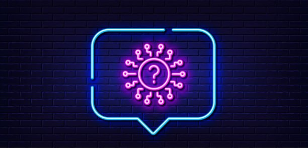 问号行图标。小测验聊天泡泡符号。霓虹灯说话泡泡。向量图片下载