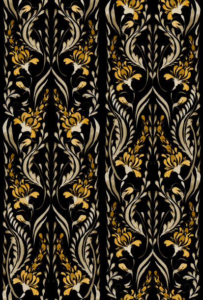 乌克兰民间绘画风格彼得里基夫卡。花水彩无缝图案从金色羽扇豆花和金色叶子上的黑色背景图片下载