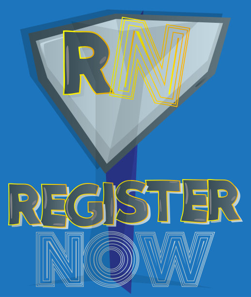 现在注册图标。超级英雄纹章。彩色漫画风格的矢量插图。图片下载