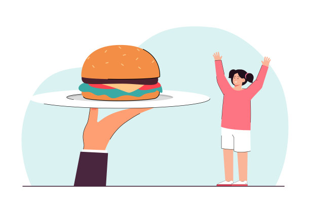 大手把盘子里的汉堡包递给小女孩图片下载