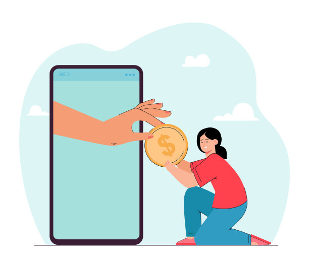 手从巨大的电话里伸出来，给女孩金币图片下载