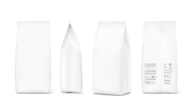 咖啡袋模型。前，侧和后视图。图片下载