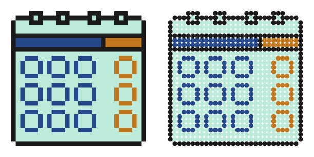像素图标。纸挂历。标记日历上的星期，月。简单的复古游戏矢量孤立在白色背景上图片下载