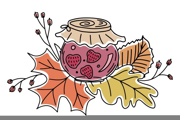 涂鸦风格矢量草莓酱与秋叶装饰，孤立在白色背景图片下载