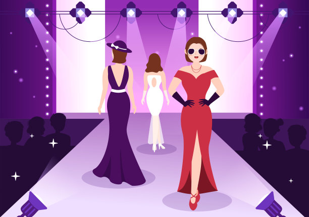 专业模特模板手绘卡通平面插画，美女模特走在时装周活动的讲台上图片下载