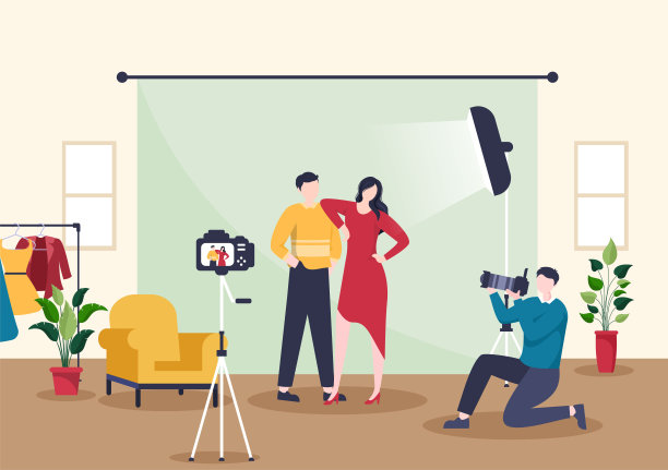 专业模型模板手绘卡通平面插画与摄影师拍照的造型模特设计图片下载