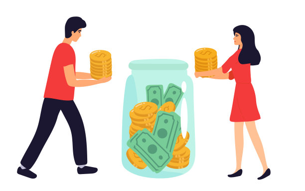 家庭夫妇节省开支。一男一女往玻璃罐里塞现金。矢量说明金融，存款，经济，投资，银行，概念。图片下载