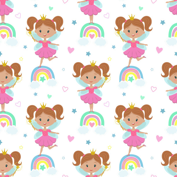 矢量无缝图案有公主、彩虹、星星等元素。拿着魔杖的仙女儿童插画。卡通仙女图案的孩子，女孩。壁纸、包装、设计。图片下载