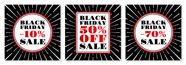 黑色星期五销售横幅设置。折扣海报或背景与特别优惠，价格优惠的标志。广场推广社交媒体横幅。广告，商业，促销设计。矢量插图。图片下载