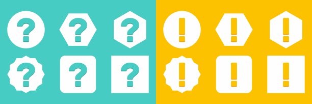 图标集问号，FAQ符号，帮助符号。感叹号图标集，注意标志，警告图标，危险警告符号。浅蓝色和黄色的款式。图片下载