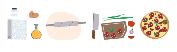 一套披萨配料。餐桌的顶视图与生食材和成品菜。图片下载