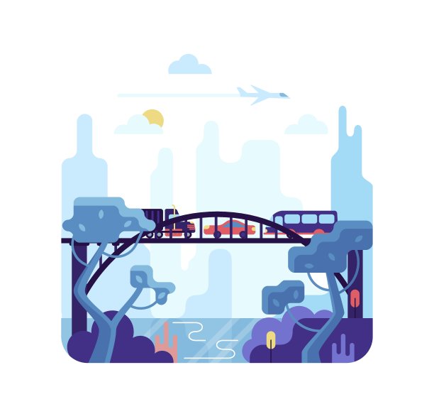 矢量卡通插图与桥和汽车图片下载