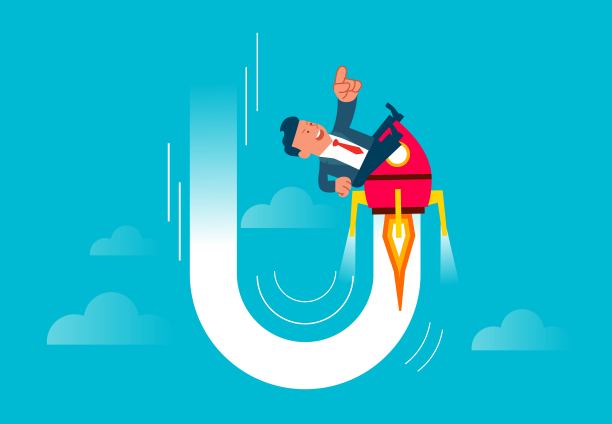 克服逆境改变商业方向，转折点或改变方向达到目标，商人坐在坠落的火箭上改变方向，飞上天空图片下载
