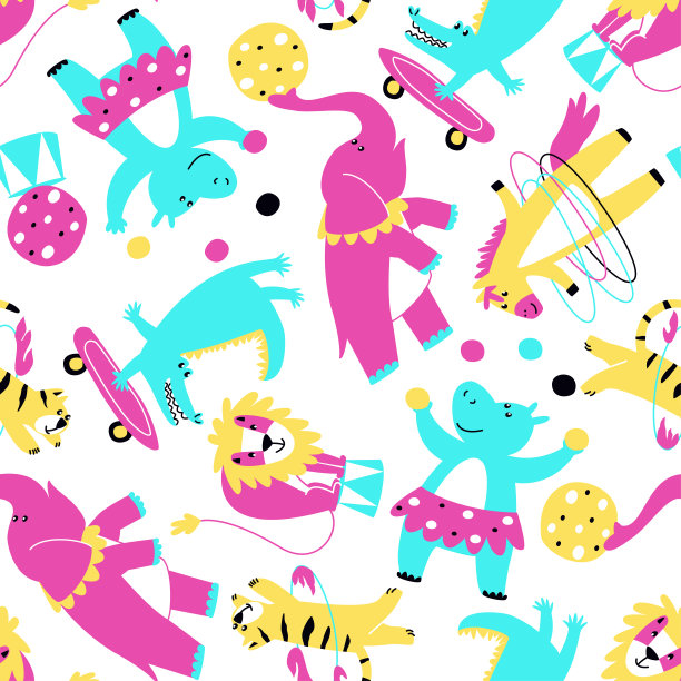 欢快的彩色无缝图案与马戏团动物分散在白色背景上图片下载