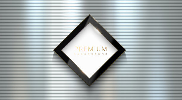 银色闪亮的金属水平直线背景与矢量菱形光泽豪华的黑色和金色边缘线标志框架。不锈钢质感，银色质感图案背景图片下载