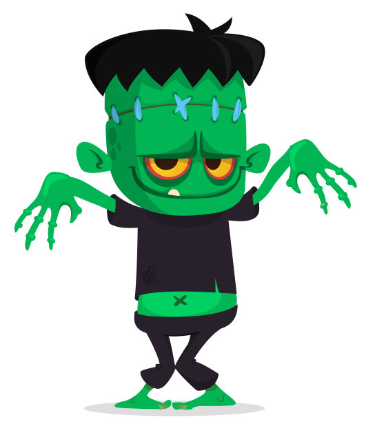 卡通有趣的绿色僵尸，头部外面有粉红色的大脑。万圣节矢量插图孤立的图片下载