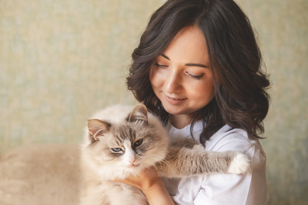 画像快乐的年轻女子西伯利亚，neva假面舞猫在她的怀里。女孩抱着她可爱的毛茸茸的宠物。背景，复制的地方，特写。图片下载