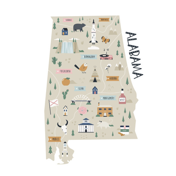阿拉巴马州地图与地标和符号。图片下载