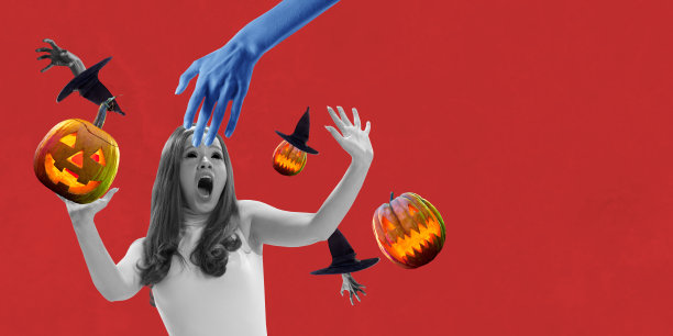 当代艺术拼贴。万圣节的主题。创意，灵感，派对，广告。超现实主义图片下载