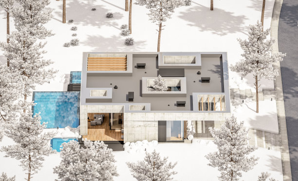 冬季现代风格的新混凝土房屋3d效果图图片下载