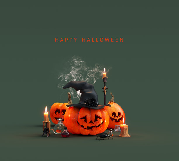 万圣节快乐，绿色背景雕刻南瓜图片下载