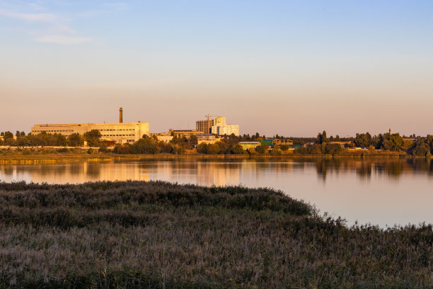 湖上芦苇田后面的工业建筑。城市的日落图片下载