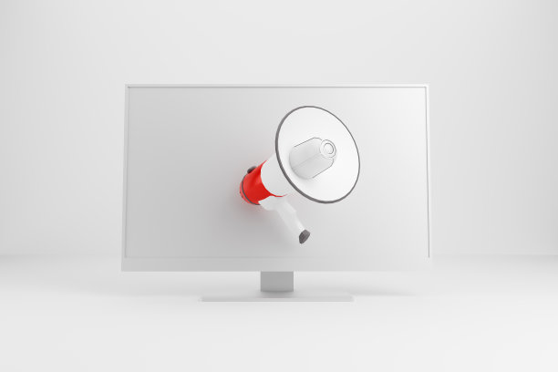 扩音器扬声器通过pc电脑屏幕。互联网广告或网络空间传播的概念。图片下载