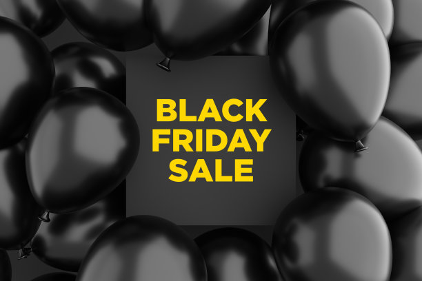 黑色星期五的促销，折扣和购物概念。黑色氦气球围绕着写着“黑色星期五”的黑色标志。图片下载
