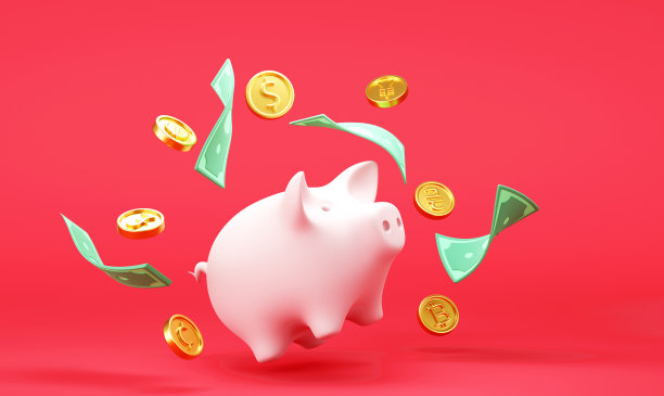 白色的小猪储蓄罐，红色背景上有不断下落的美元纸币和硬币图片下载