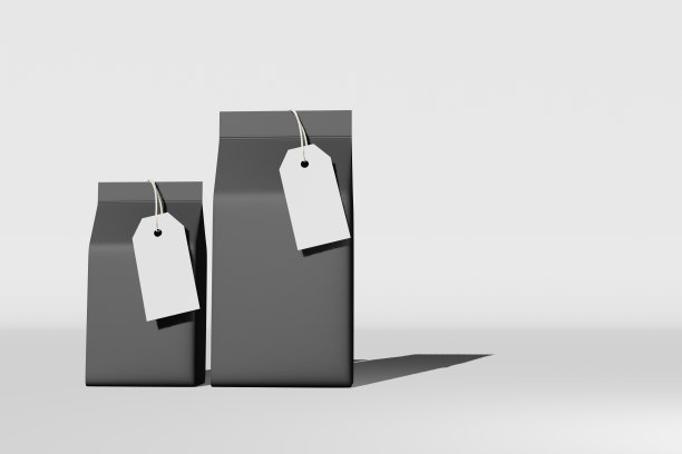 黑色立盒底袋袋咖啡品牌3D渲染。商品包装设计。商店销售演示。图片下载